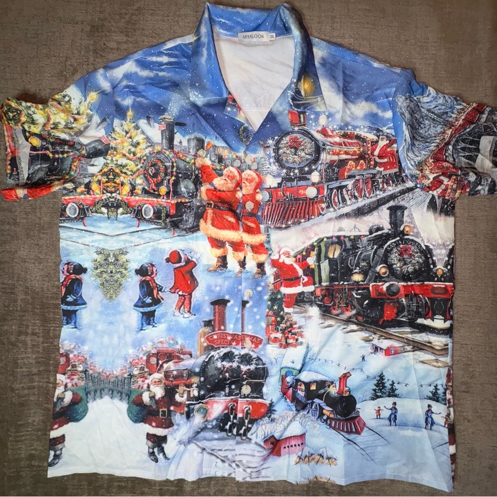 Christmas Santa Train Hawaiian Shirt Button Up 3XL Misslook Snow Santa Express